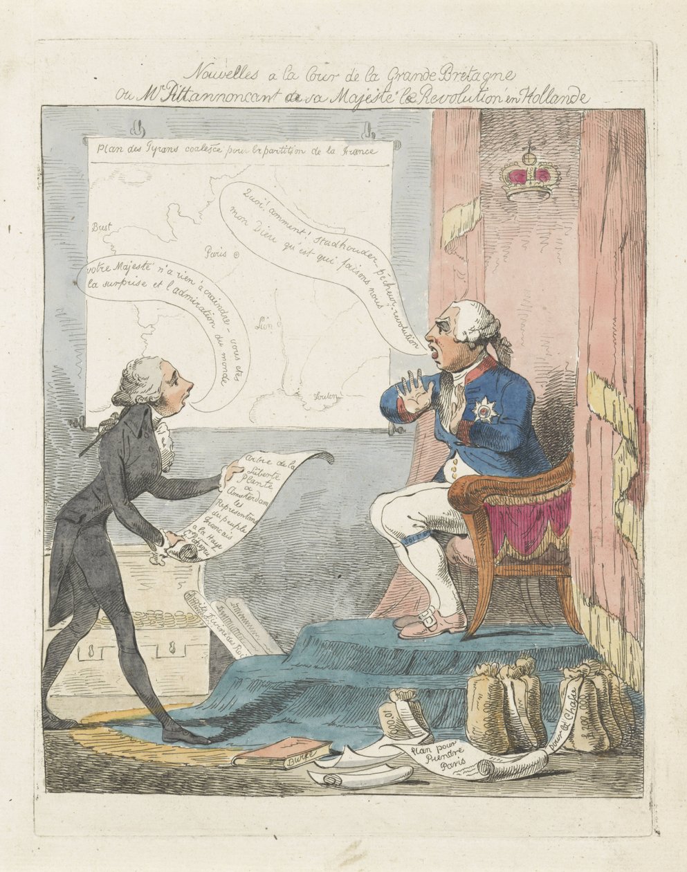 Pitt apporte à George III la nouvelle de la révolution aux Pays-Bas, 1795 (Nouvelles à la Cour de Grande-Bretagne ou M. Pitt annonçant à Sa Majesté la Révolution en Hollande) - Anonymous