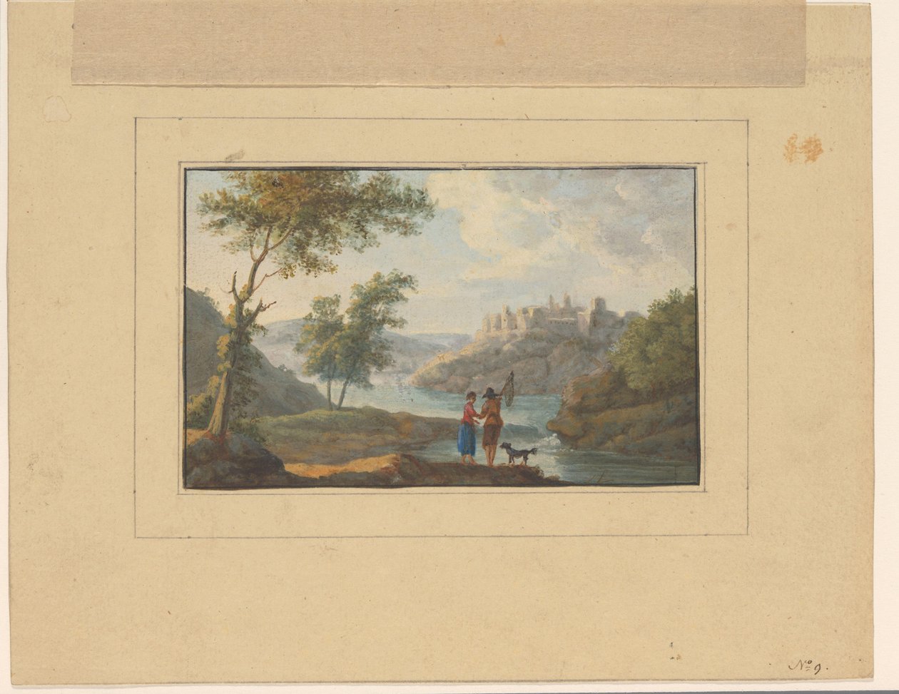 Paysage fluvial avec un homme, une femme et un chien au premier plan - Anonymous
