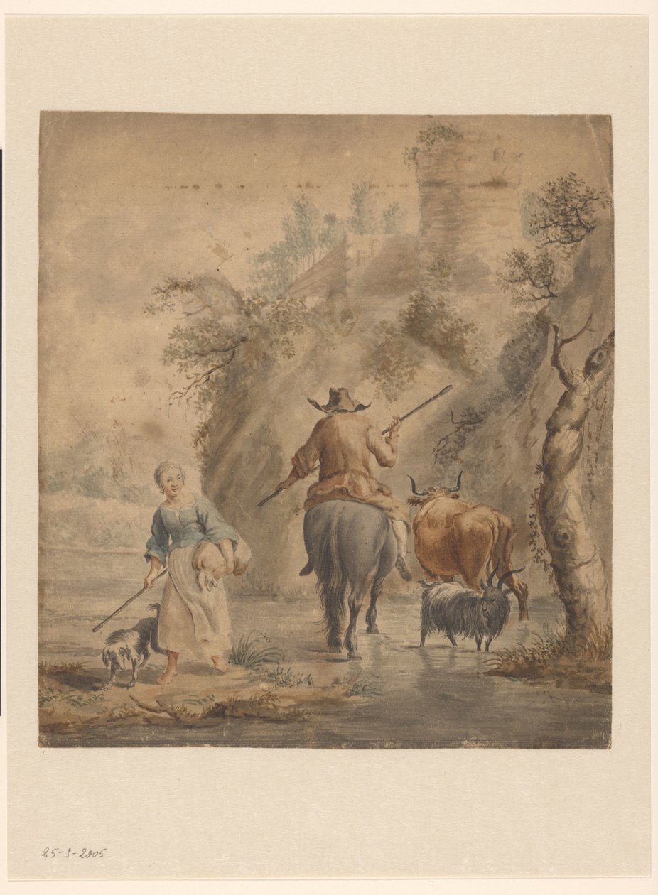 Paysage fluvial avec un cavalier, une femme et du bétail - Anonymous