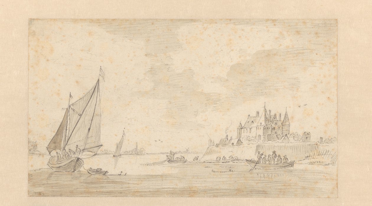 Paysage fluvial avec château (Loevestein ?) - Anonymous