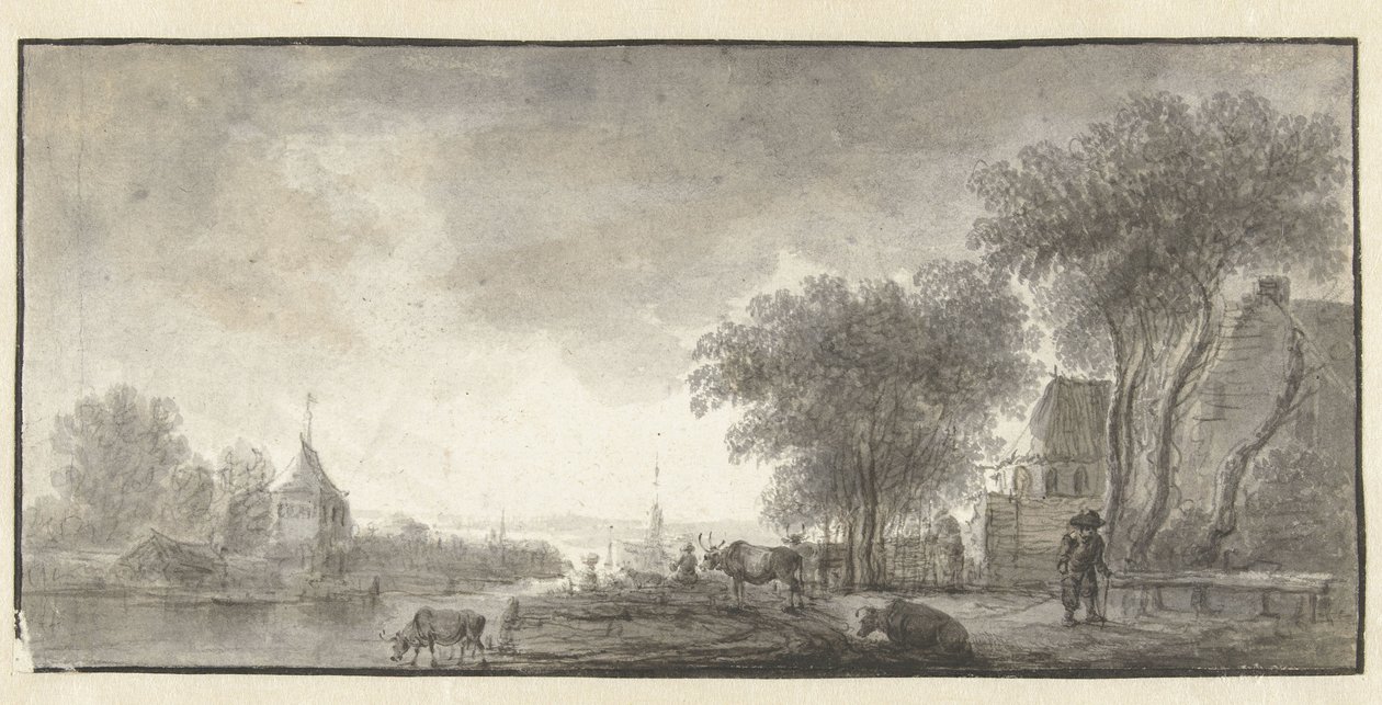 Paysage fluvial avec bétail et quelques maisons - Anonymous