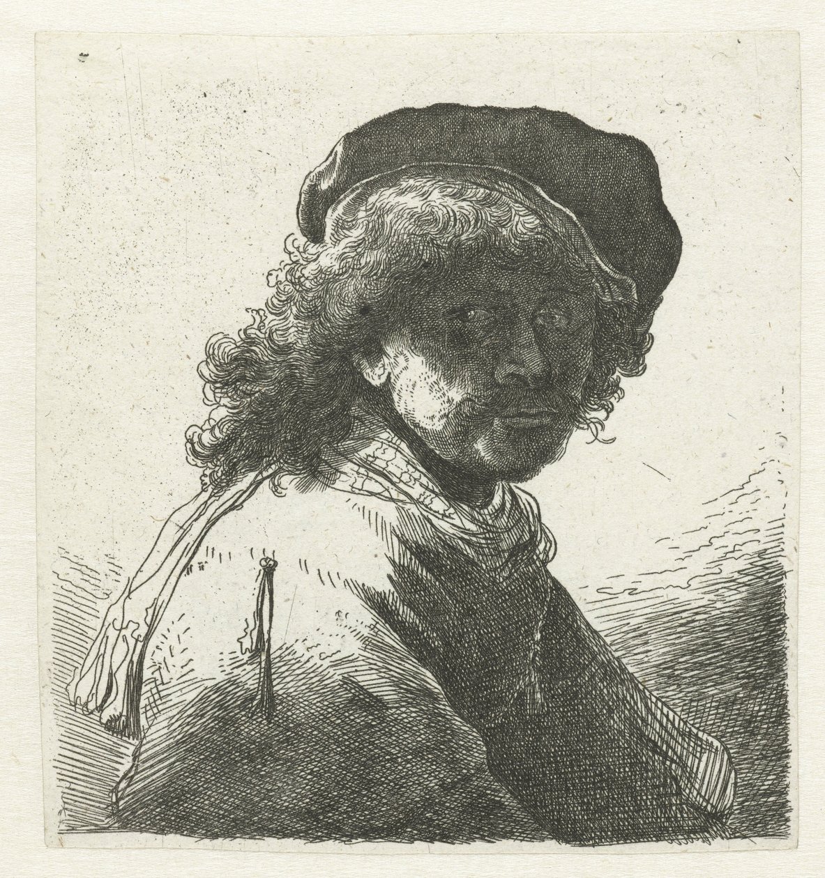 Autoportrait avec un bonnet et une écharpe, visage sombre : buste - Anonymous