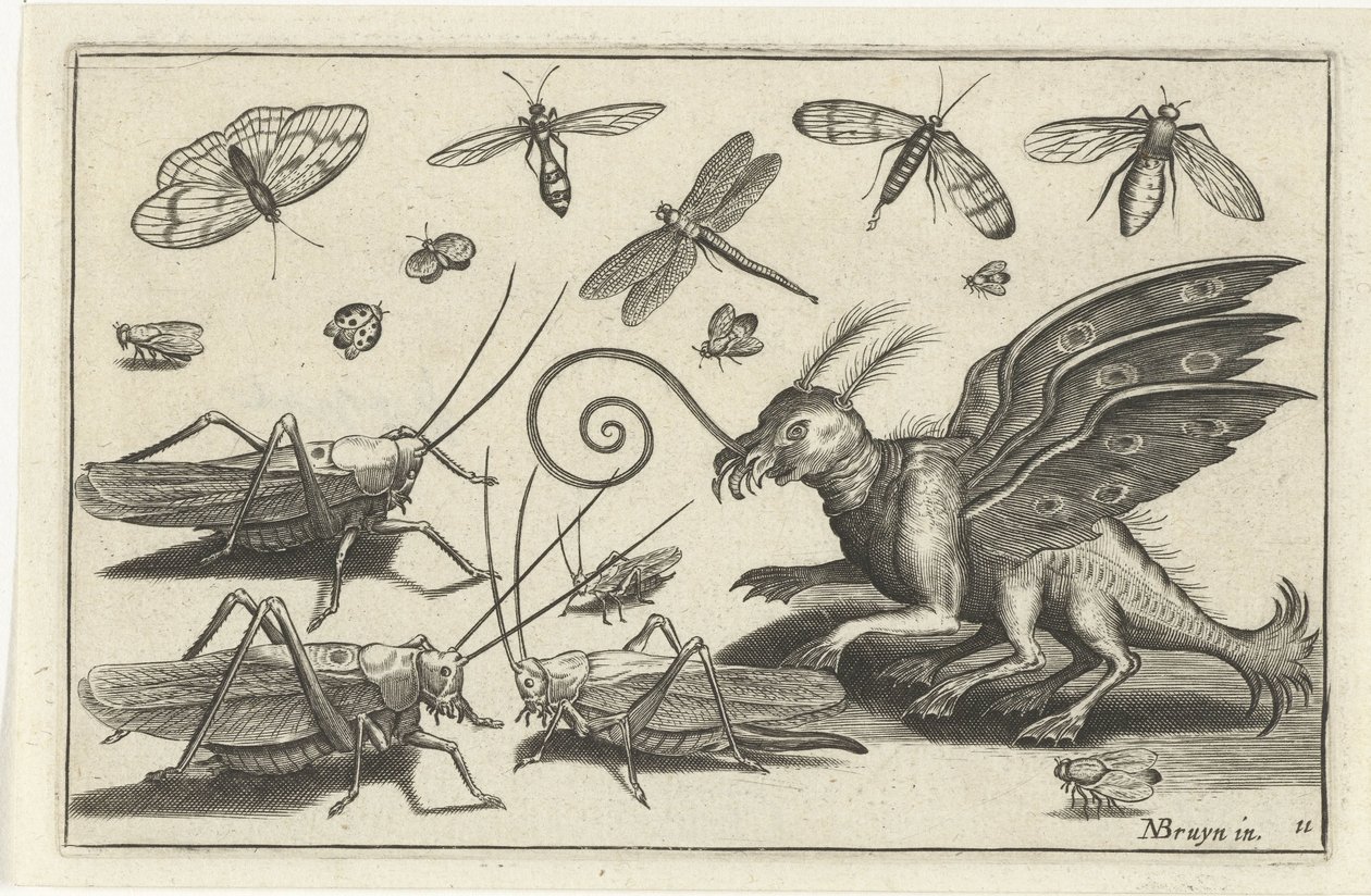 Sauterelles et créature fantastique avec ailes et palmes - Anonymous