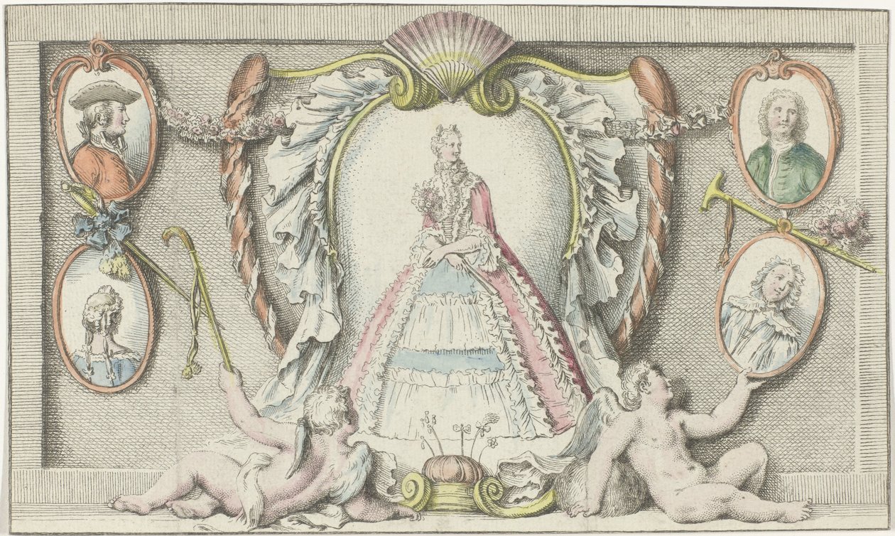 Femme debout, deux putti et quatre médaillons - Anonymous
