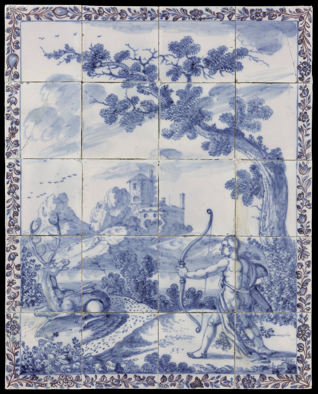 Tableau de carreaux avec un paysage en bleu et une scène mythologique : Cyparissus se transforme en cyprès - Anonymous