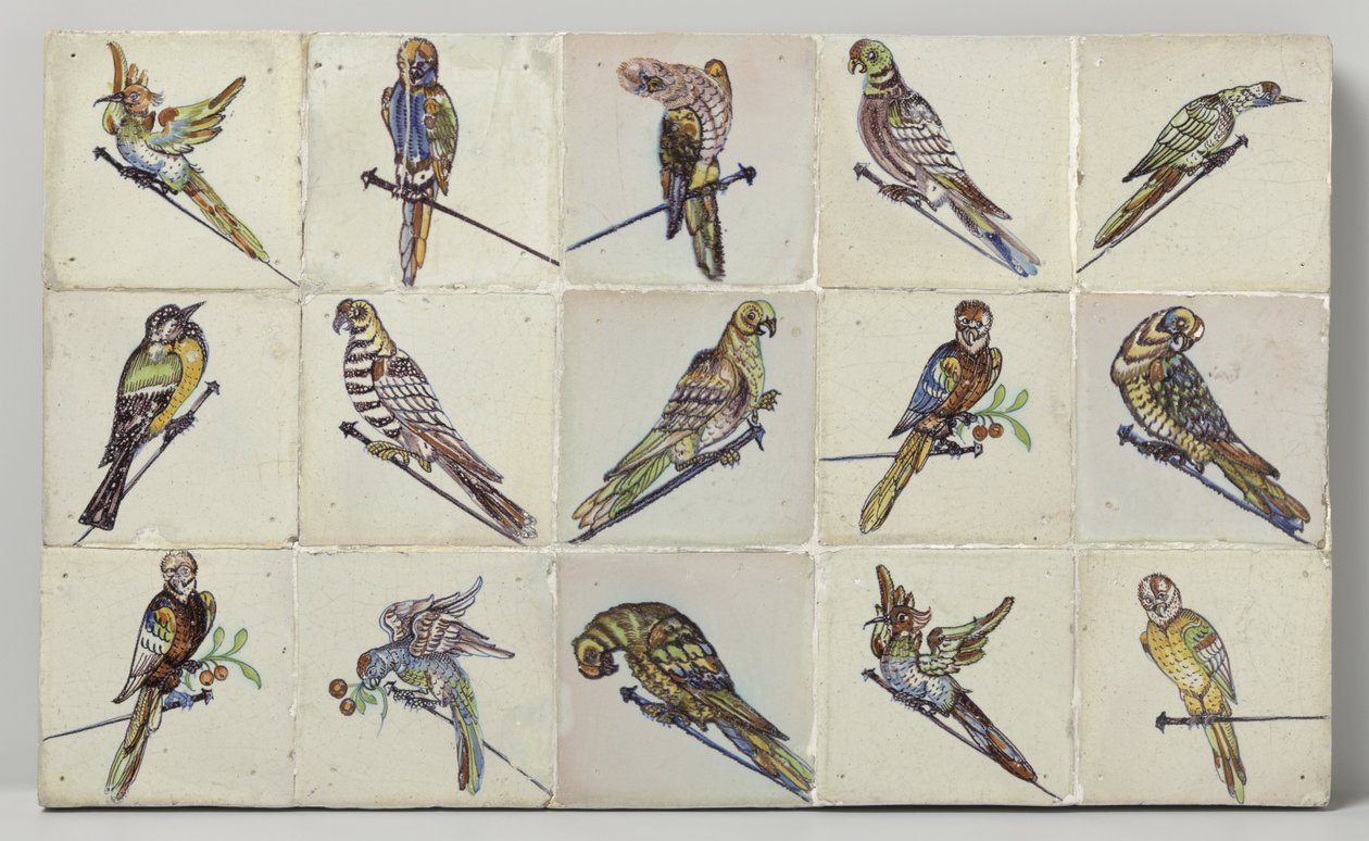 Panneau de carreaux avec oiseaux perchés sur des clous - Anonymous