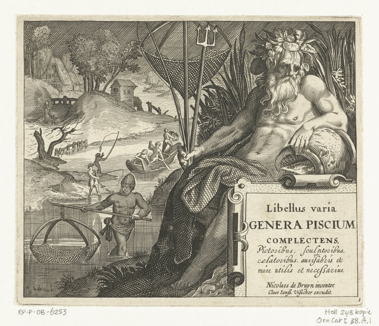 Page de titre avec titre et dieu de la rivière avec trident et filet de pêche dans un paysage avec des pêcheurs (Libelivs varia Genera piscium complectens) - Anonymous