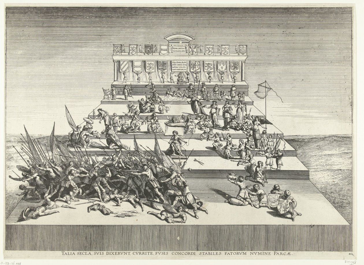 Représentation théâtrale sur la guerre et la paix; entrée de Ferdinand à Gand en 1635 (n° 42) Talia secla, suis dixerunt, currite, fusis concordi stabiles fatorum numine parcae Theatrum Genethliacon Caroli V - Anonymous