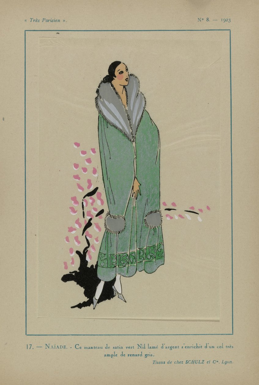 Très Parisien, 1923, No 8: 17.- NAÏADE. - Ce manteau de satin vert Nil... - Anonymous