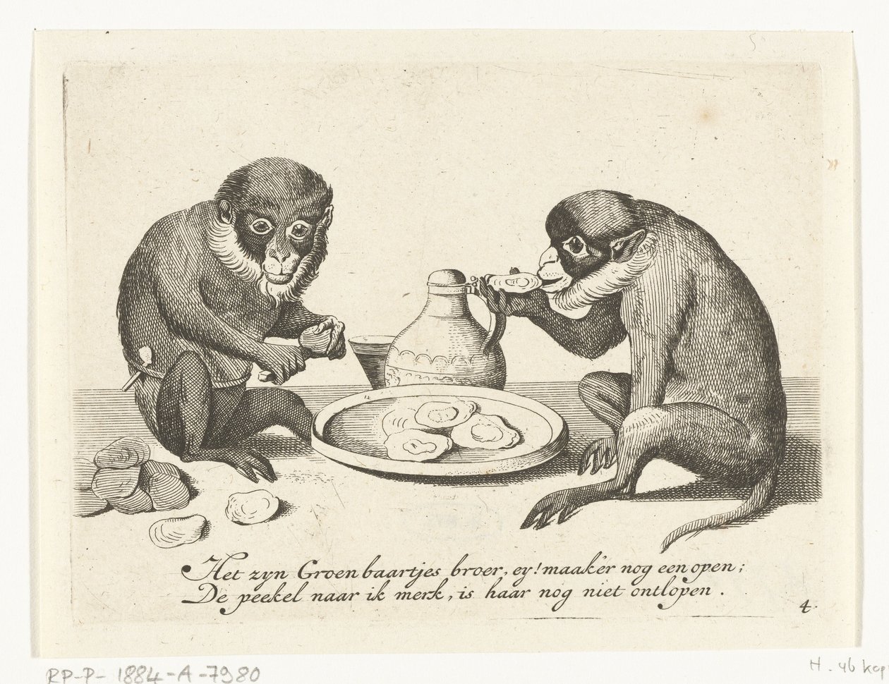 Deux singes mangeant des huîtres (Diverses scènes de la vie humaine présentées par des singes) - Anonymous