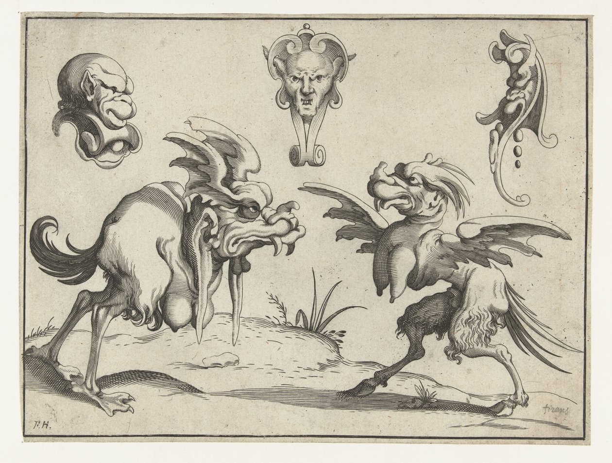 Deux monstres avec trois masques au-dessus (série Figures grotesques entourées d