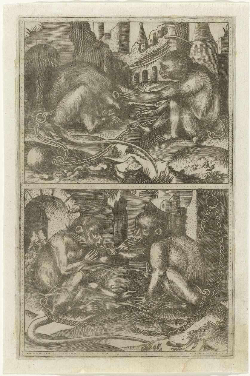 Deux scènes avec deux singes enchaînés entre des ruines - Anonymous