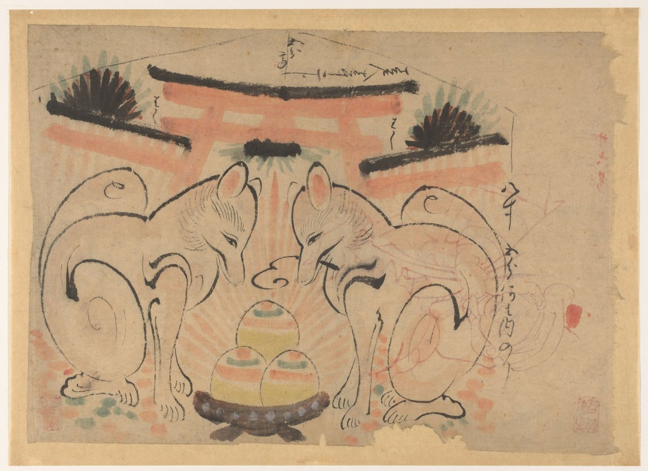 Deux renards devant les torii du sanctuaire Inari Jinja - Anonymous