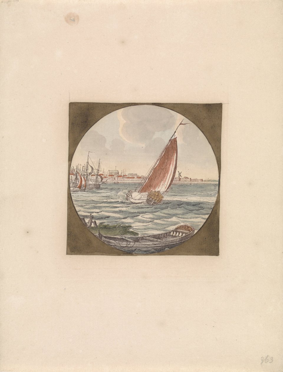 Voilier en mer et une chaloupe au premier plan Navires en mer (série B) (titre de la série) - Anonymous
