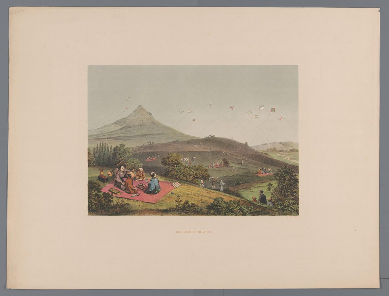 Combats de cerfs-volants dans un paysage vallonné japonais (Souvenir du Japon) - Anonymous