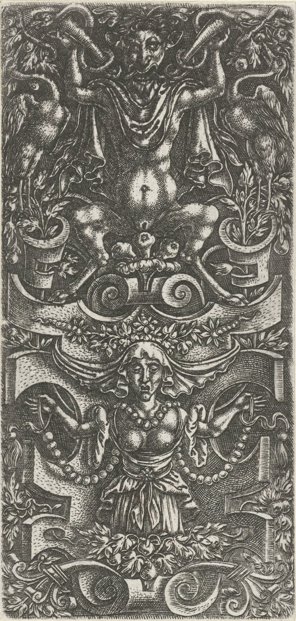 Femme avec un foulard et une guirlande de perles devant une construction de rolwerk (Décorations plates avec grotesques dans le rolwerk) - Anonymous