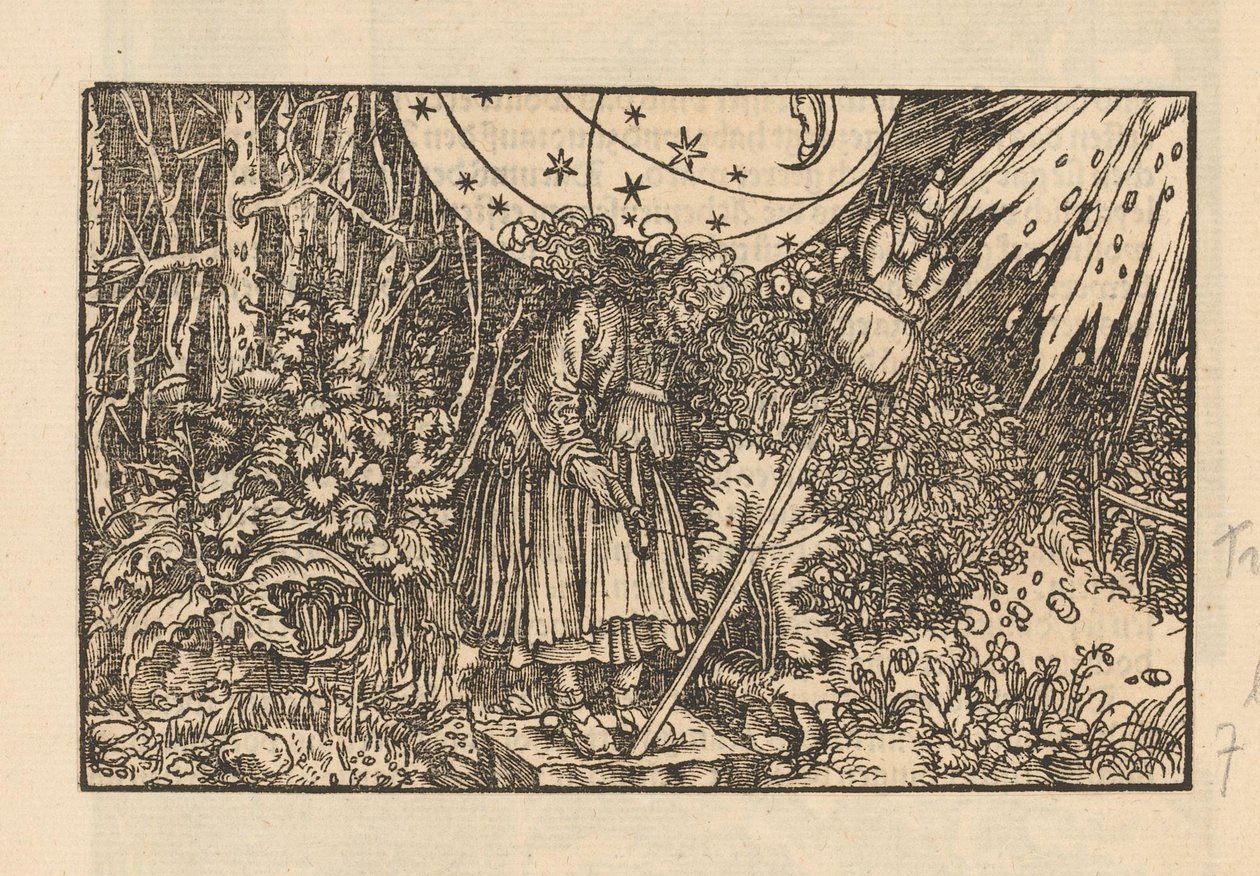 Femme avec un fuseau dans une forêt et une voûte céleste - Anonymous