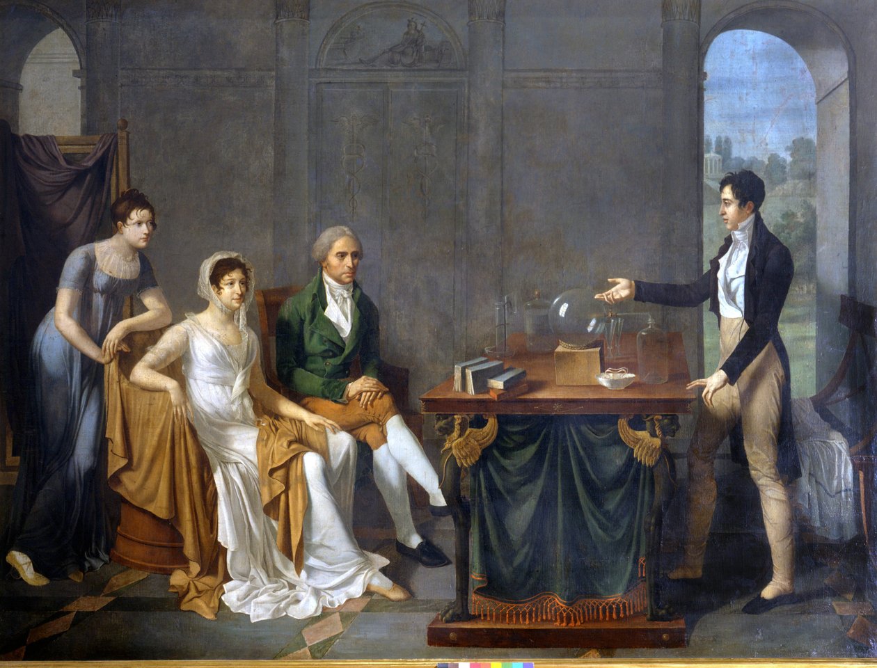 Un scientifique (probablement Alessandro (Alexandre) Volta) faisant une expérience scientifique devant la famille Melzi Deril. Peinture anonyme. - Anonymous Anonymous