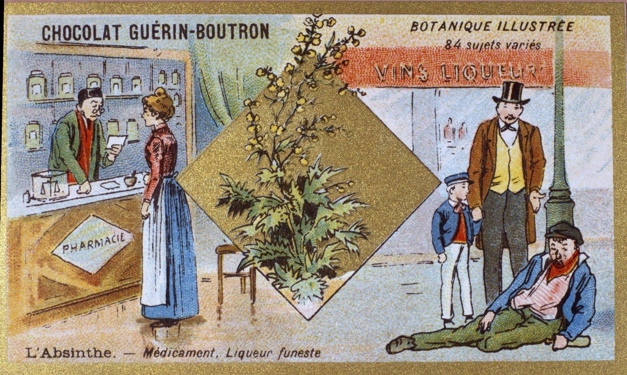 Absinthe : médecine et liqueur mortelle (gravure chromolithographique publicitaire pour les chocolats Guerin-Boutron, fin 19e siècle) - Anonymous Anonymous