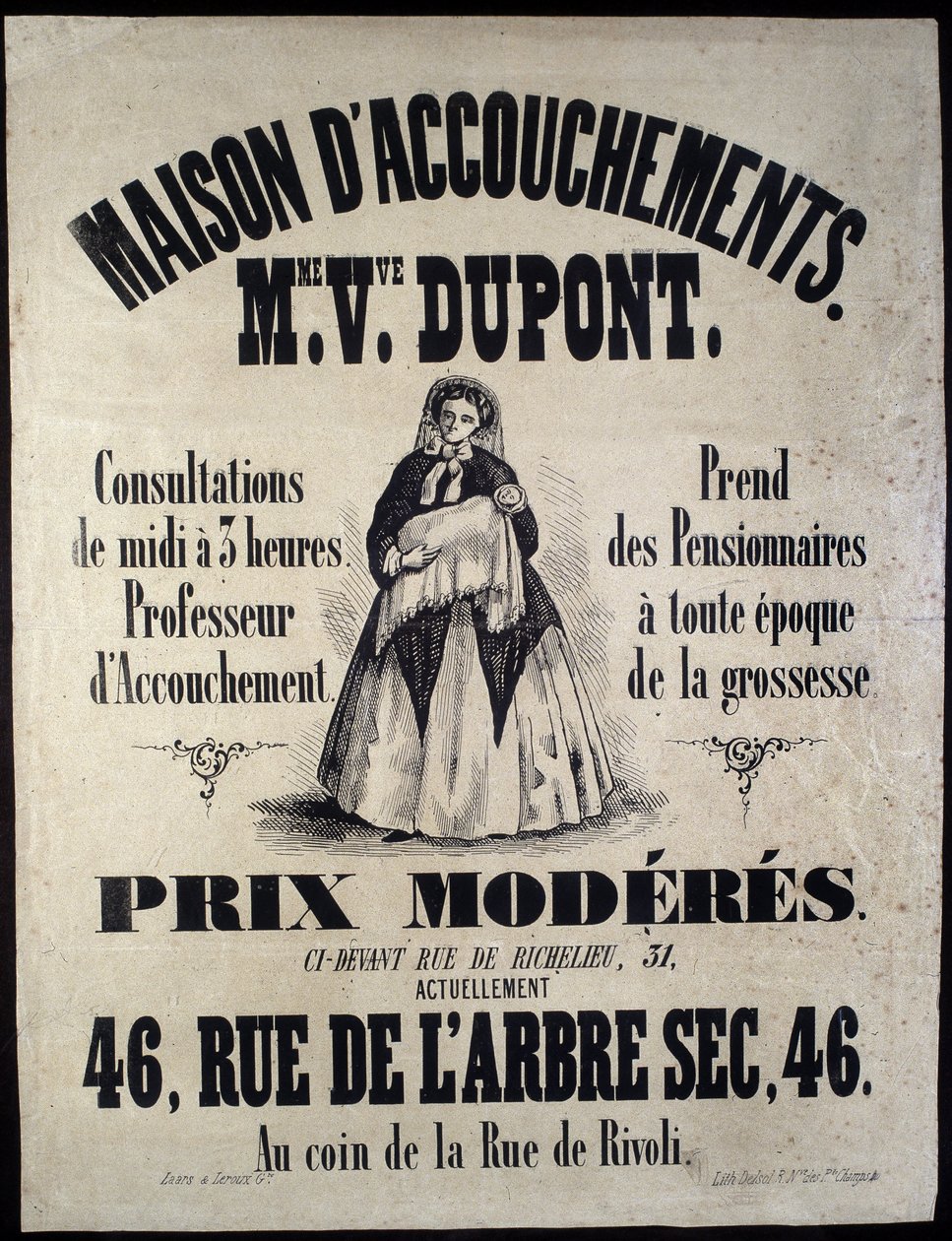 Publicité pour une maison de naissance (maternité) à Paris en 1850. Madame Dupont, bas prix au 46 rue de l