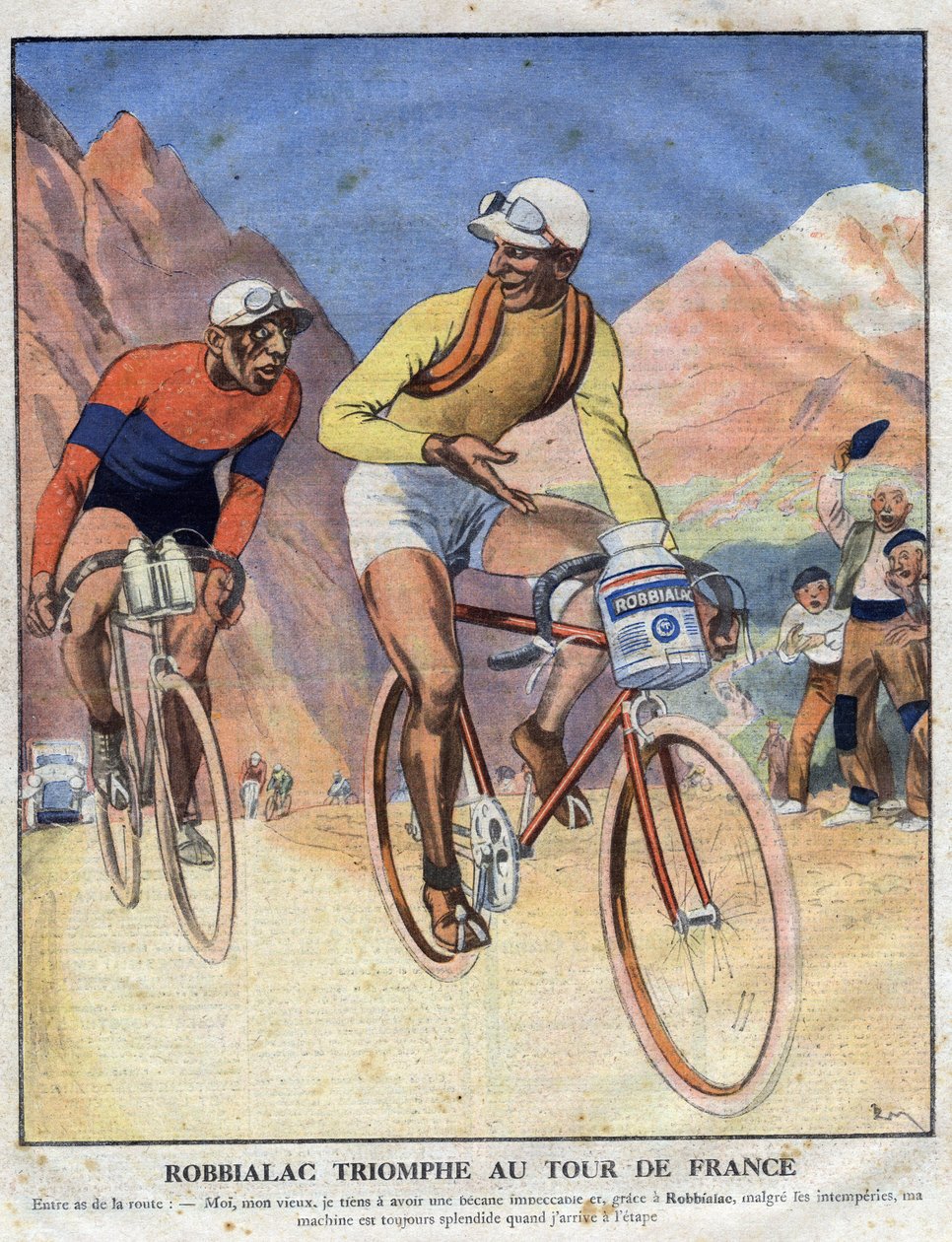 Publicité pour la peinture Robbialac : « Robbialac triomphe au Tour de France ». Un cycliste vante les mérites de la peinture Robbialac pour son vélo. Gravure. Une de « Le Petit Journal Illustré » - Anonymous Anonymous