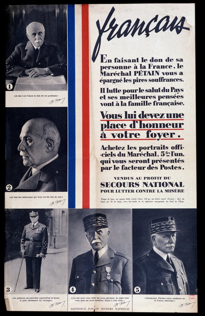 Affiche publicitaire pour la vente de portraits du maréchal Philippe Pétain pendant la Seconde Guerre mondiale et louant Pétain (vendu au profit du secours national pour lutter contre la pauvreté) - Anonymous Anonymous