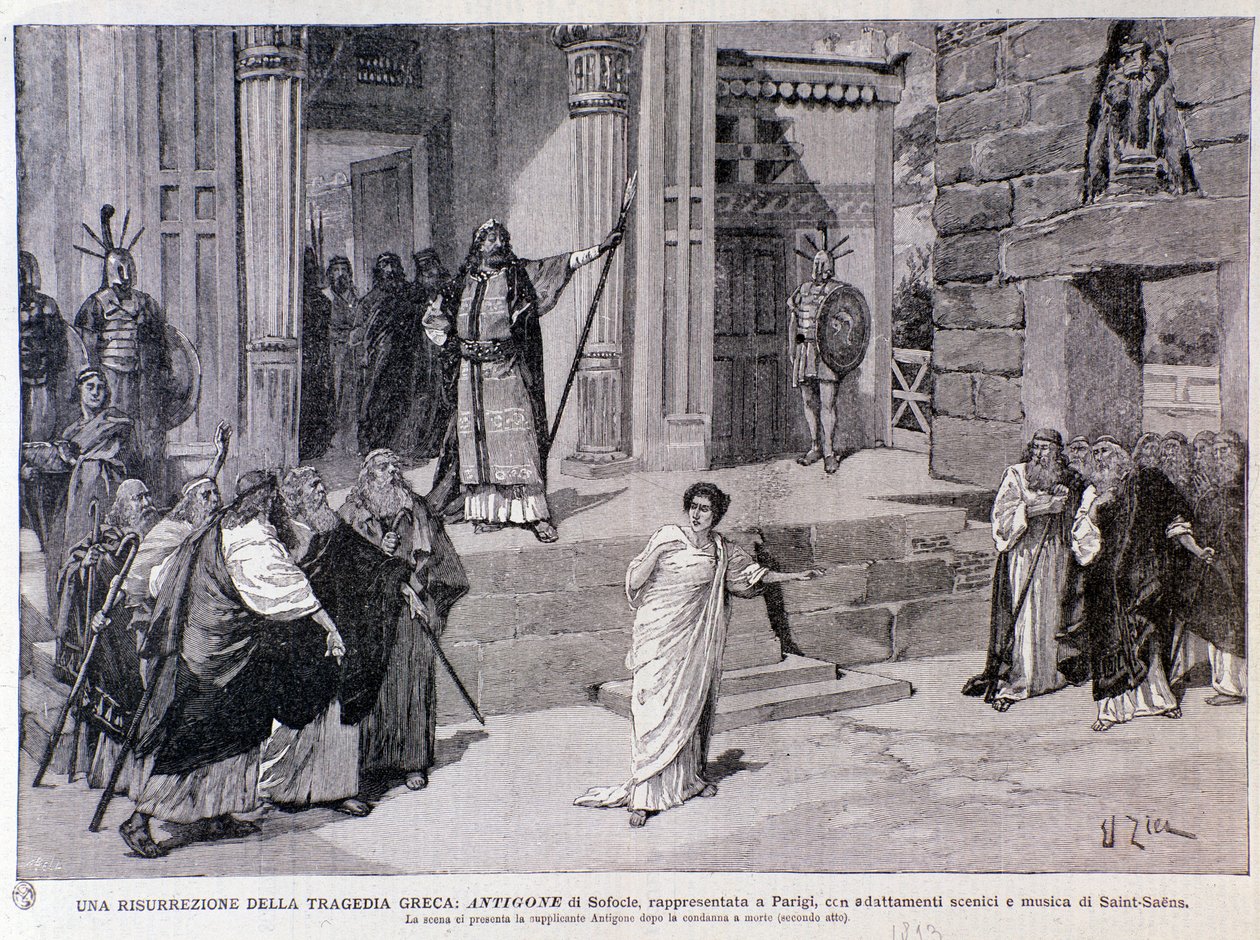 Antigone condamnée à mort. Scène de la pièce Antigone, avec musique de Camille Saint-Saëns, jouée à Paris - Anonymous Anonymous