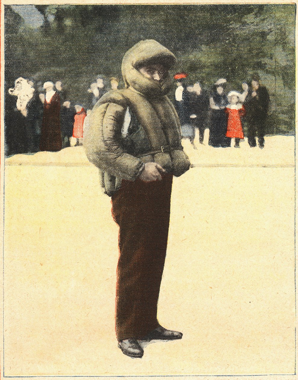 Aviation : combinaison aérienne conçue pour protéger les aviateurs des chutes. Gravure dans « Le petit parisien » du 16/10/1910. Collection privée. - Anonymous Anonymous