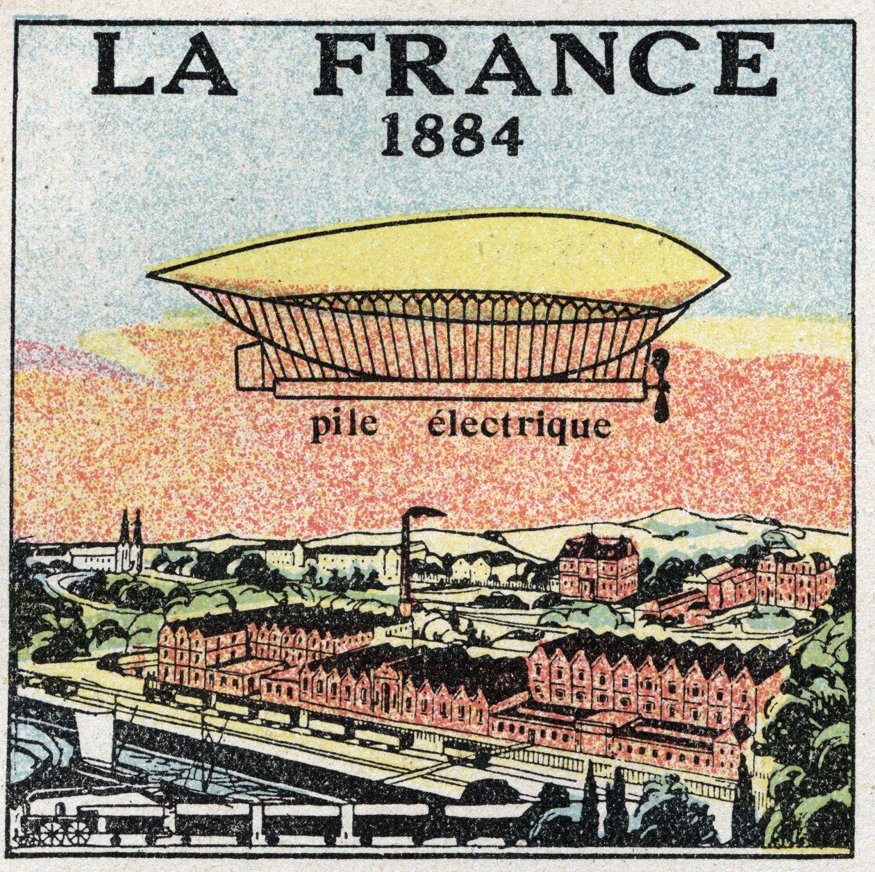 Ballons : le dirigeable « La France » en 1884 utilisant la batterie électrique inventée par les Français Renard et Krebs. Illustration anonyme de 1925. Collection privée. - Anonymous Anonymous