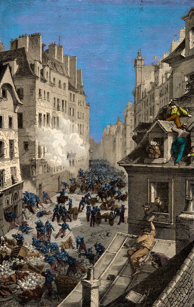 Bataille à la barricade de la rue Saint-Antoine en 1830. Gravure. Collection privée - Anonymous Anonymous