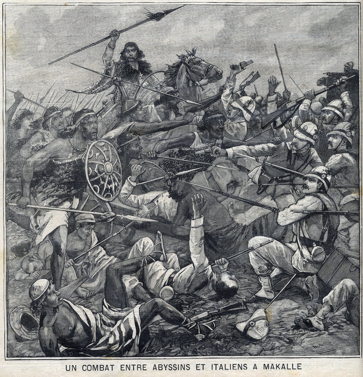 Bataille entre les Abyssins de Ménélik II et les Italiens à Makallé, Éthiopie. Gravure dans "Le Petit Parisien" - Anonymous Anonymous