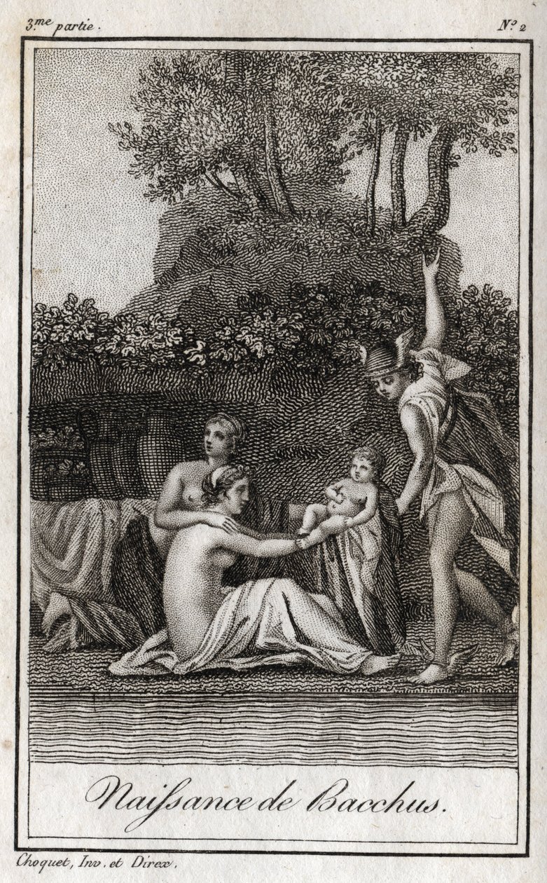 Naissance de Bacchus, fils de Jupiter et Sémélé. Gravure de 1819 dans « Lettres à Émilie sur la mythologie » par Charles Albert Demoustier (1760-1801). Collection privée - Anonymous Anonymous