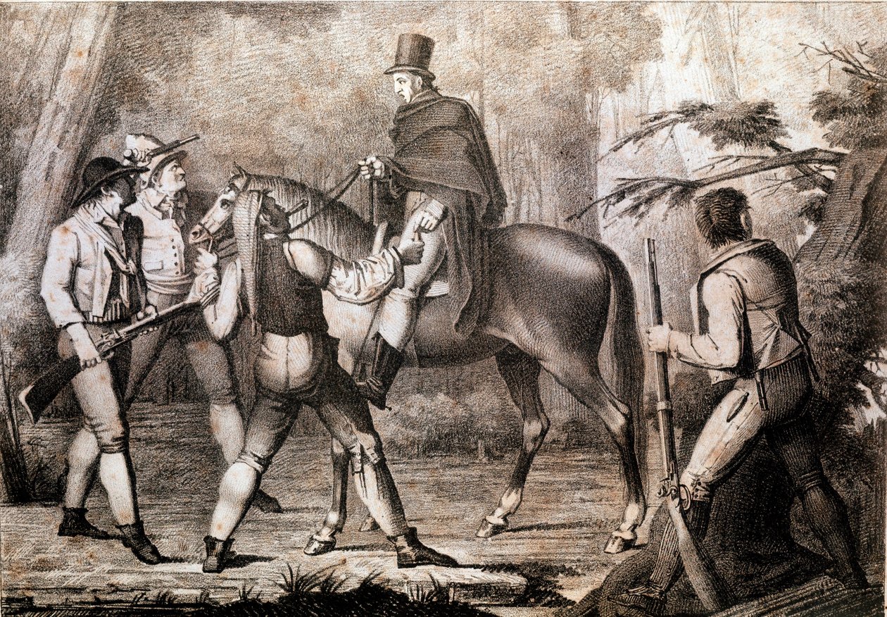 Brigands attaquant un voyageur à cheval (19e siècle, estampe, collection privée) - Anonymous Anonymous