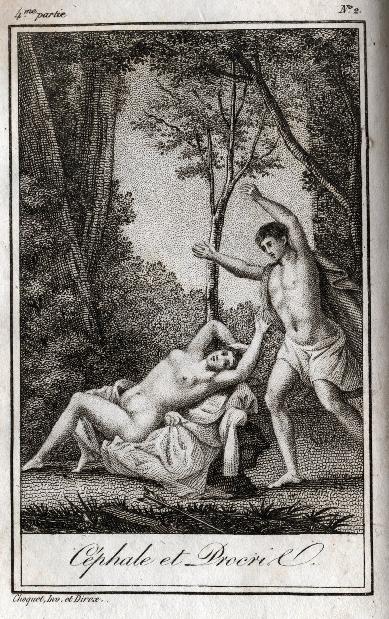 Cephale et Procris. Gravure de 1819 dans « Lettres à Emilie sur la mythologie » de Charles Albert Demoustier (1760-1801). Collection privée. - Anonymous Anonymous
