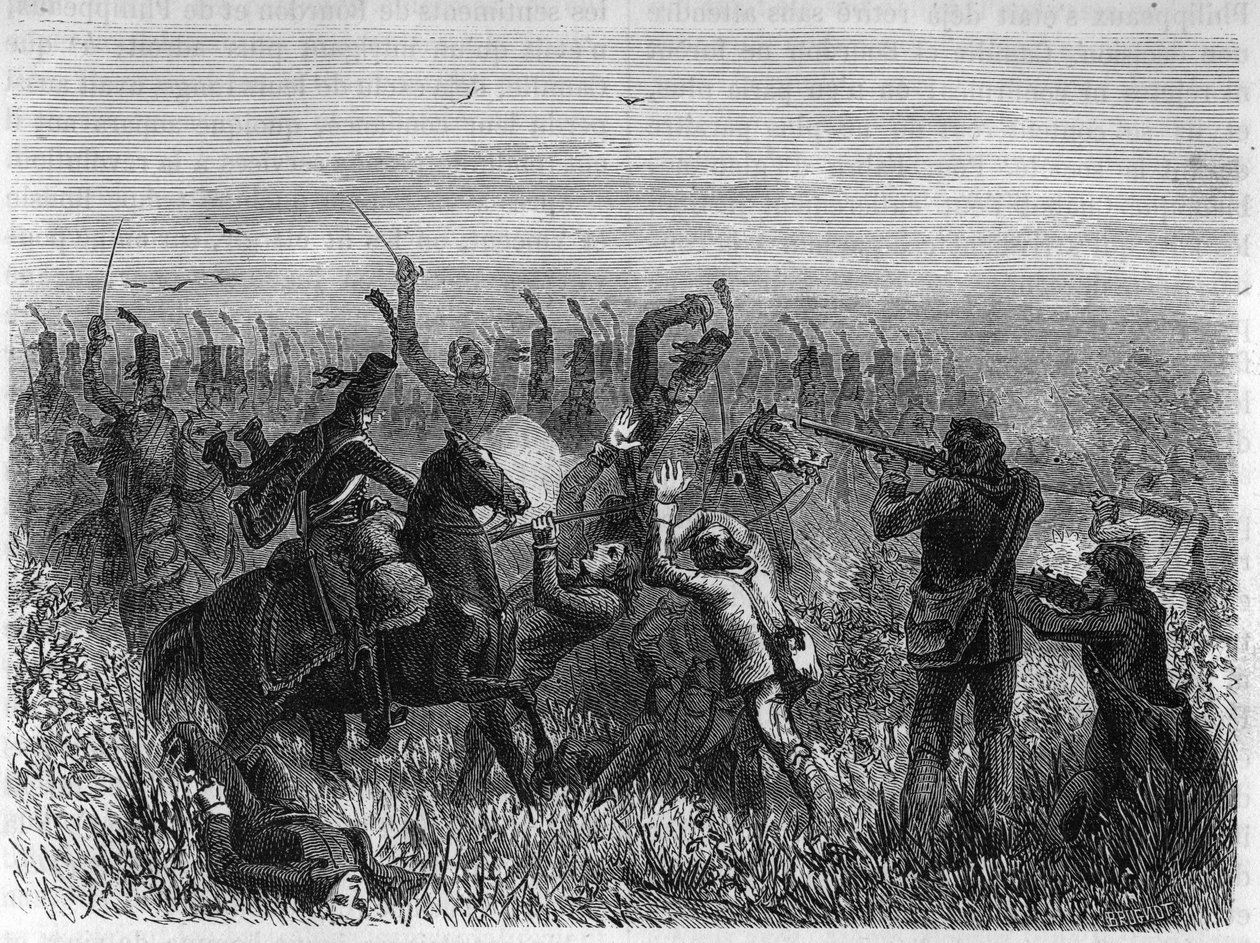 Destruction complète des Vendéens : Bataille de Savenay en décembre 1793. Gravure de 1866 dans « Histoire de la Révolution française » par Adolphe Thiers. Collection privée. - Anonymous Anonymous