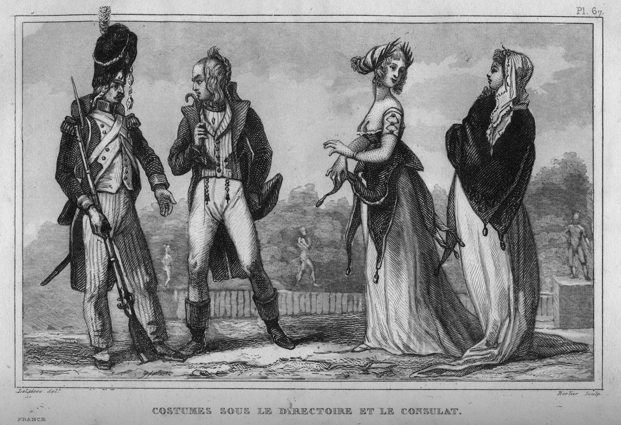 Costume sous le Directoire et le Consulat. Gravure de 1859 dans « Le Monde. Histoire de tous les peuples depuis les temps les plus reculés jusqu