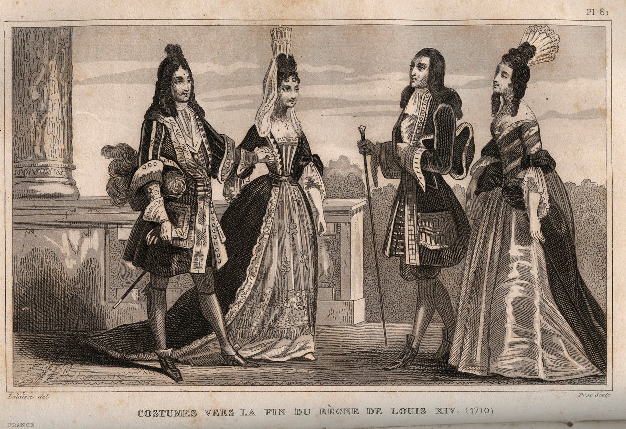 Costumes vers la fin du règne de Louis XIV (1710). Gravure de 1859 dans « Le Monde. Histoire de tous les peuples depuis les temps les plus reculés jusqu