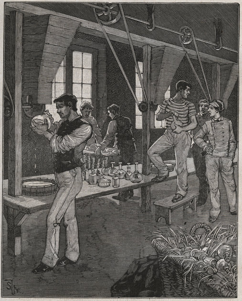 Atelier de graveurs sur cristal en France au XIXe siècle. Gravure de 1885 dans « Les arts et métiers illustrés » par Adolphe Bitard - Anonymous Anonymous