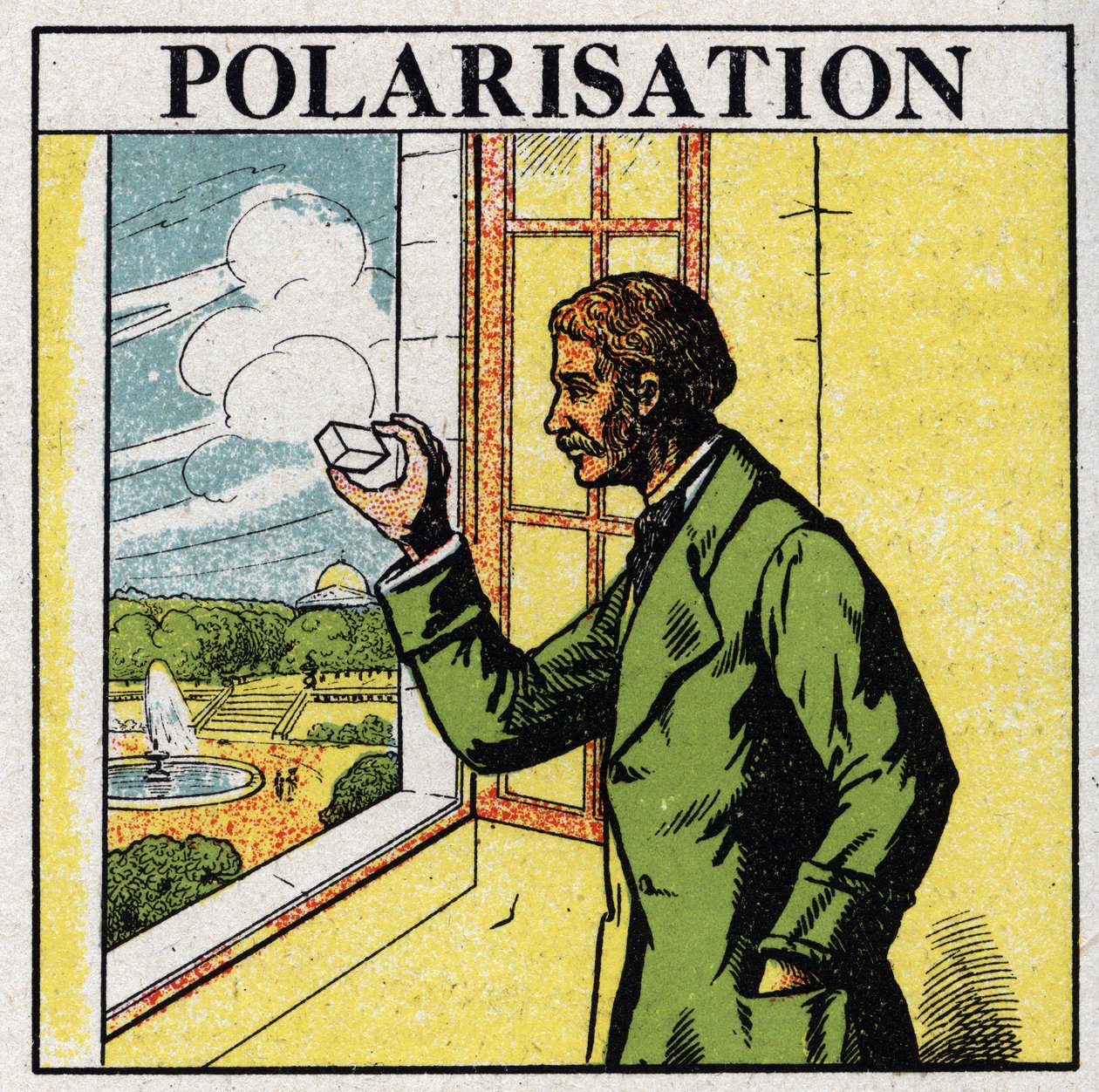 Double réfraction : Étienne Louis Malus (1775-1812) observe à travers un spath la lumière du soleil couchant réfléchie par les fenêtres du Luxembourg en 1808. Illustration anonyme de 1925. Collection privée. - Anonymous Anonymous