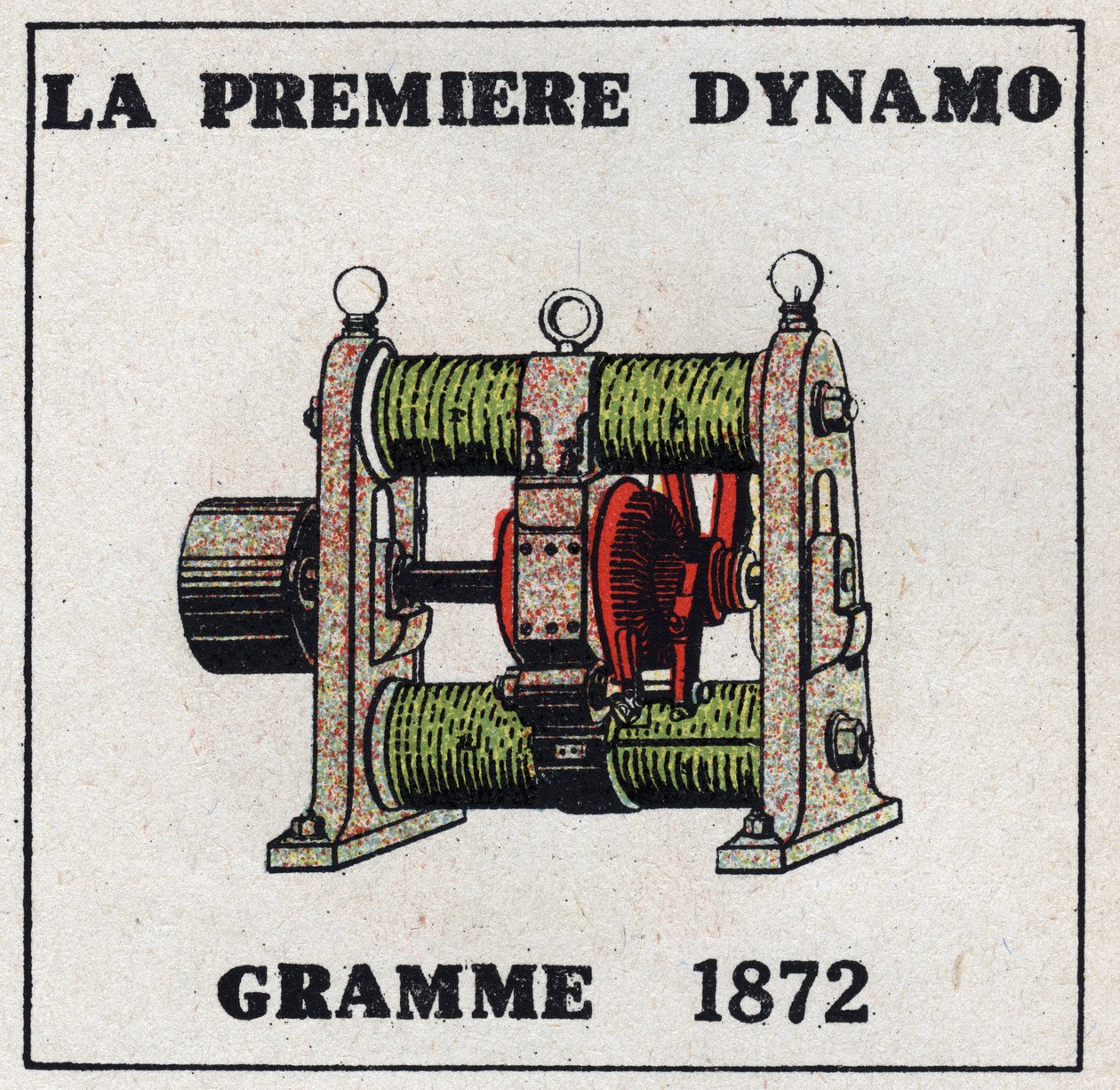 Dynamo: la première dynamo inventée par Zénobe Théophile Gramme (1826-1901) en 1872. Illustration anonyme de 1925. Collection privée. - Anonymous Anonymous