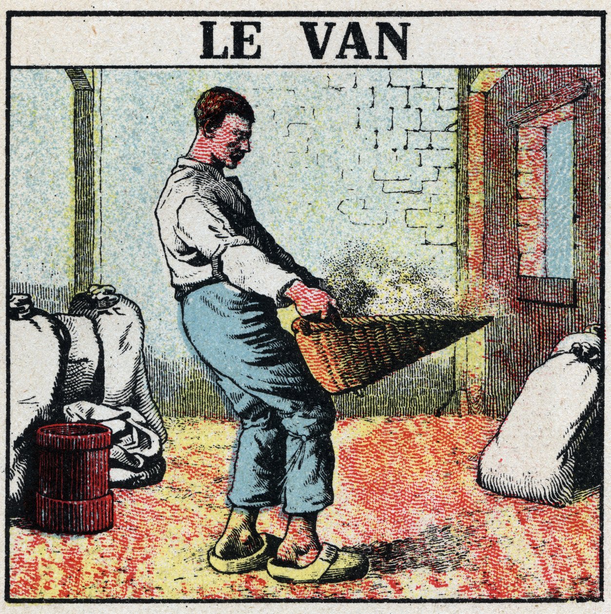 Outillage électrique : le van ou panier en osier utilisé pour essuyer le grain avant l