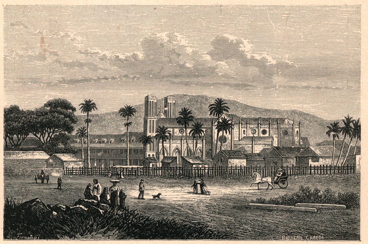 Vue extérieure de la cathédrale de Port of Spain à Trinidad. Gravure dans Les Missions Catholiques au XIXe siècle par Louis-Eugène Louvet. Collection privée. - Anonymous Anonymous