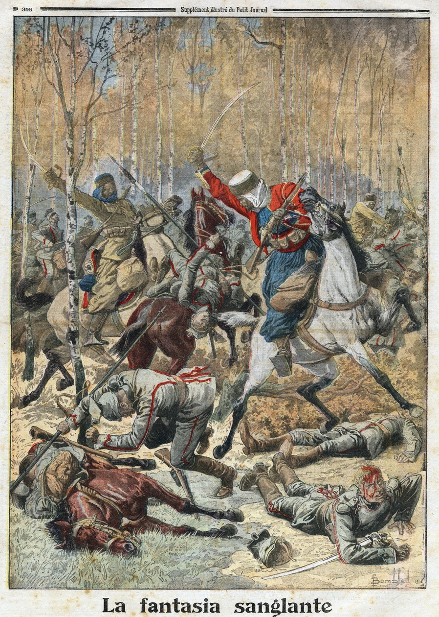 Première Guerre mondiale 1914-1918 : « La Fantaisie sanglante ». Dans les bois, une troupe de trente uhlans (cavaliers allemands avec une lance) combattue par huit spahis algériens victorieux. Gravure dans « Le Petit Journal », le 28/11/1915. Collection pr - Anonymous Anonymous