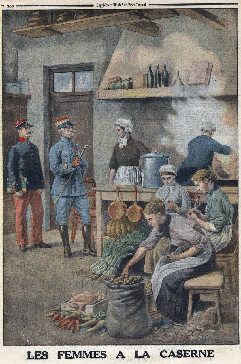 Première Guerre mondiale 1914-1918. Femmes préparant de la nourriture dans les cuisines des casernes. Trois chefs dans la corvée de pommes de terre, épluchant les pommes de terre. Dans 