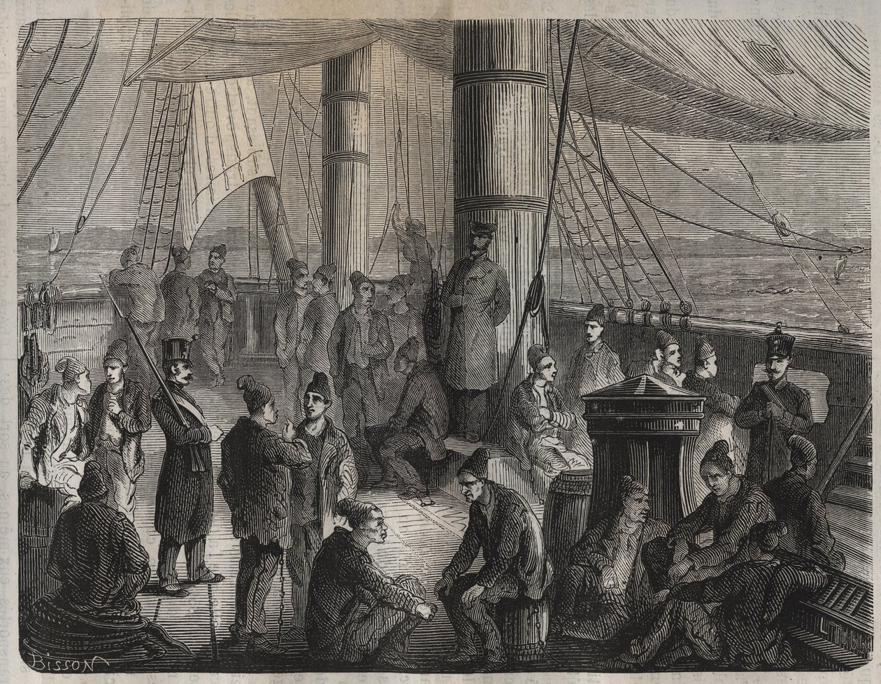 Premier convoi de forces de Toulon à Cayenne (Guyane) sous le décret du 8 décembre 1851. Gravure dans « Histoire des bagnes depuis leur création à nos jours » (1877) par Pierre Zaccone. Collection privée. - Anonymous Anonymous