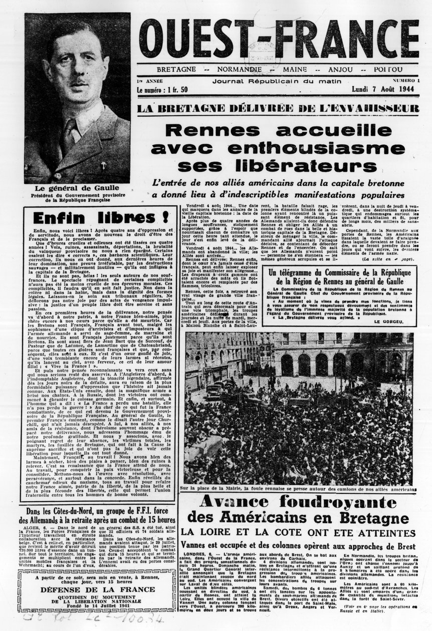 Premier numéro de Ouest-France du 7 août 1944: La Libération dans l