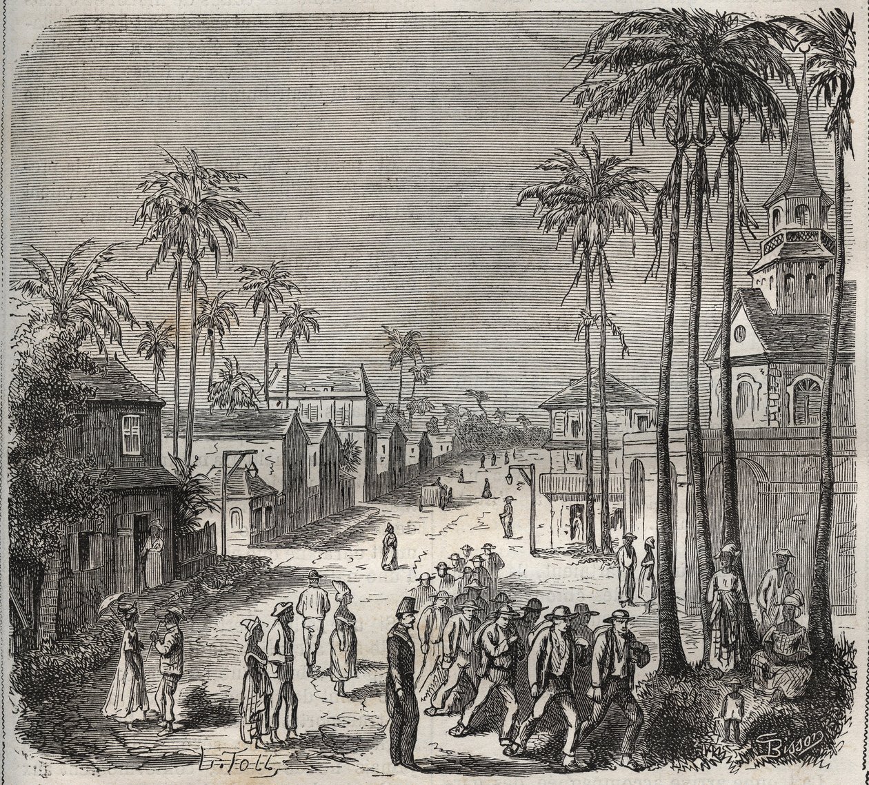 Forçats allant travailler au pénitencier Saint-Laurent à Cayenne (Guyane française) au XIXe siècle. Gravure dans "Histoire des bagnes depuis leur création à nos jours" (1877) par Pierre Zaccone (1817-1895). - Anonymous Anonymous