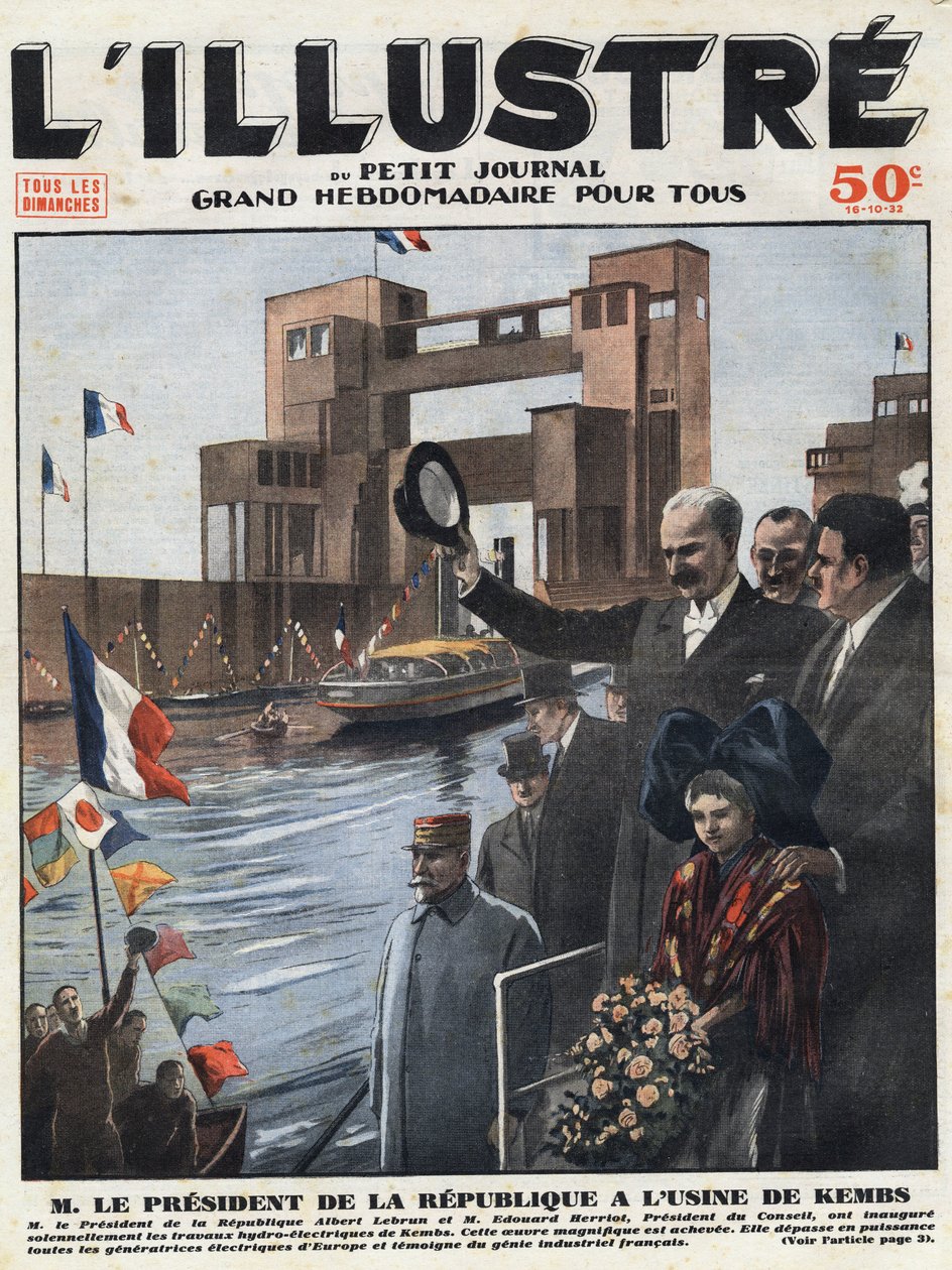 Industrie française : Albert Lebrun (1871-1950), président de la République et Edouard Herriot (1872-1957), président du conseil ont inauguré la centrale hydroélectrique de Kembs dans le Haut-Rhin en Alsace - Anonymous Anonymous