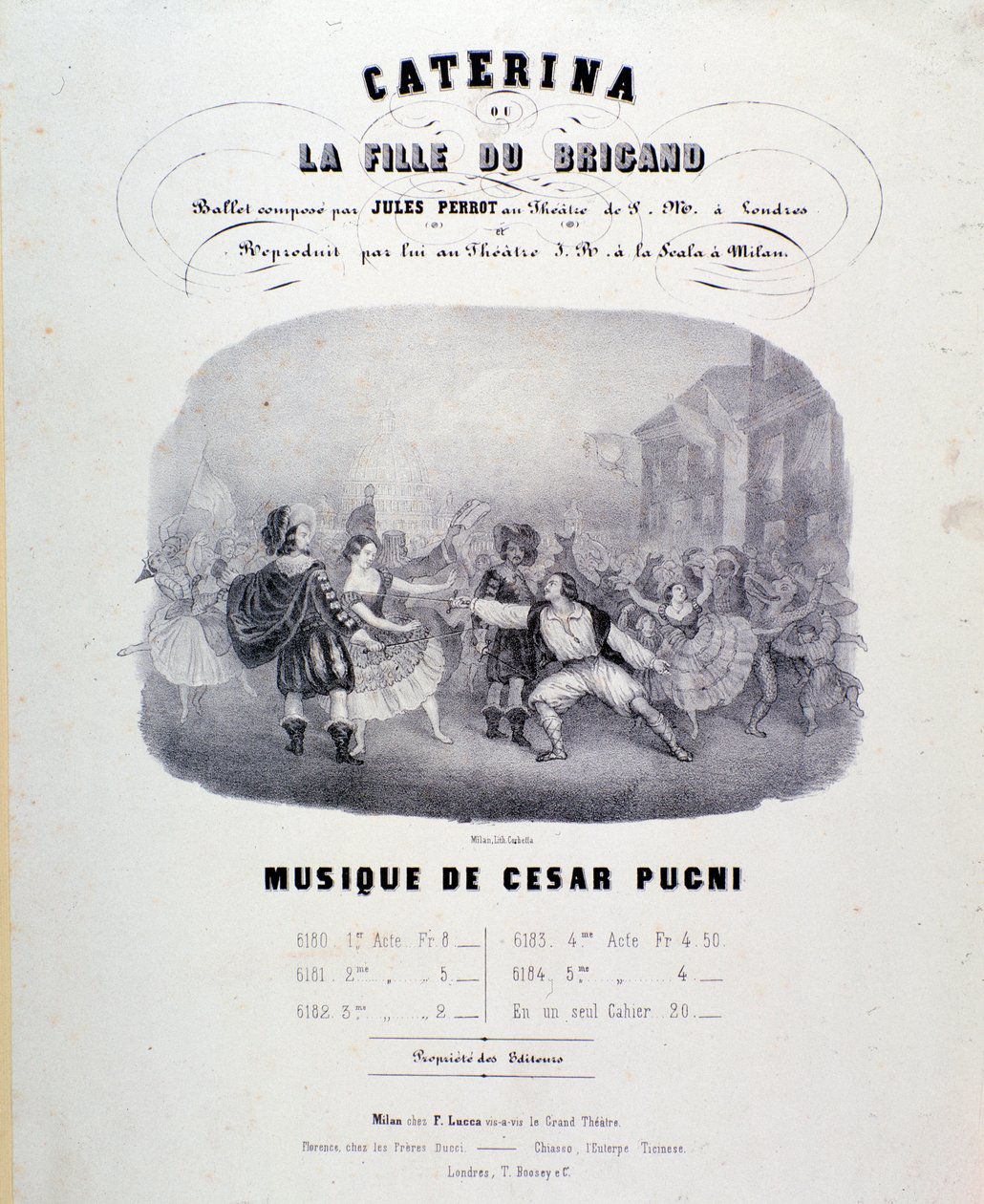 Frontispice de la partition musicale de Catarina ou la fille du bandit par Pugni pour la représentation au Teatro alla Scala (1847) - Anonymous Anonymous