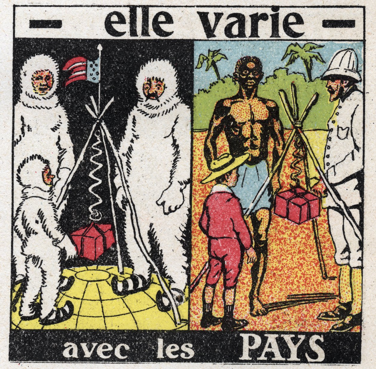 Gravité : elle varie selon les pays. Mesure de la gravité avec un ressort au pôle puis en Équateur. Illustration anonyme de 1925. Collection privée - Anonymous Anonymous